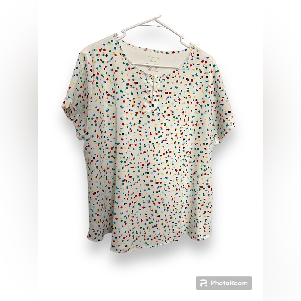 VAN HEUSEN White Multicolor Polka Dots Short Sleeve Women’s Top Size XL